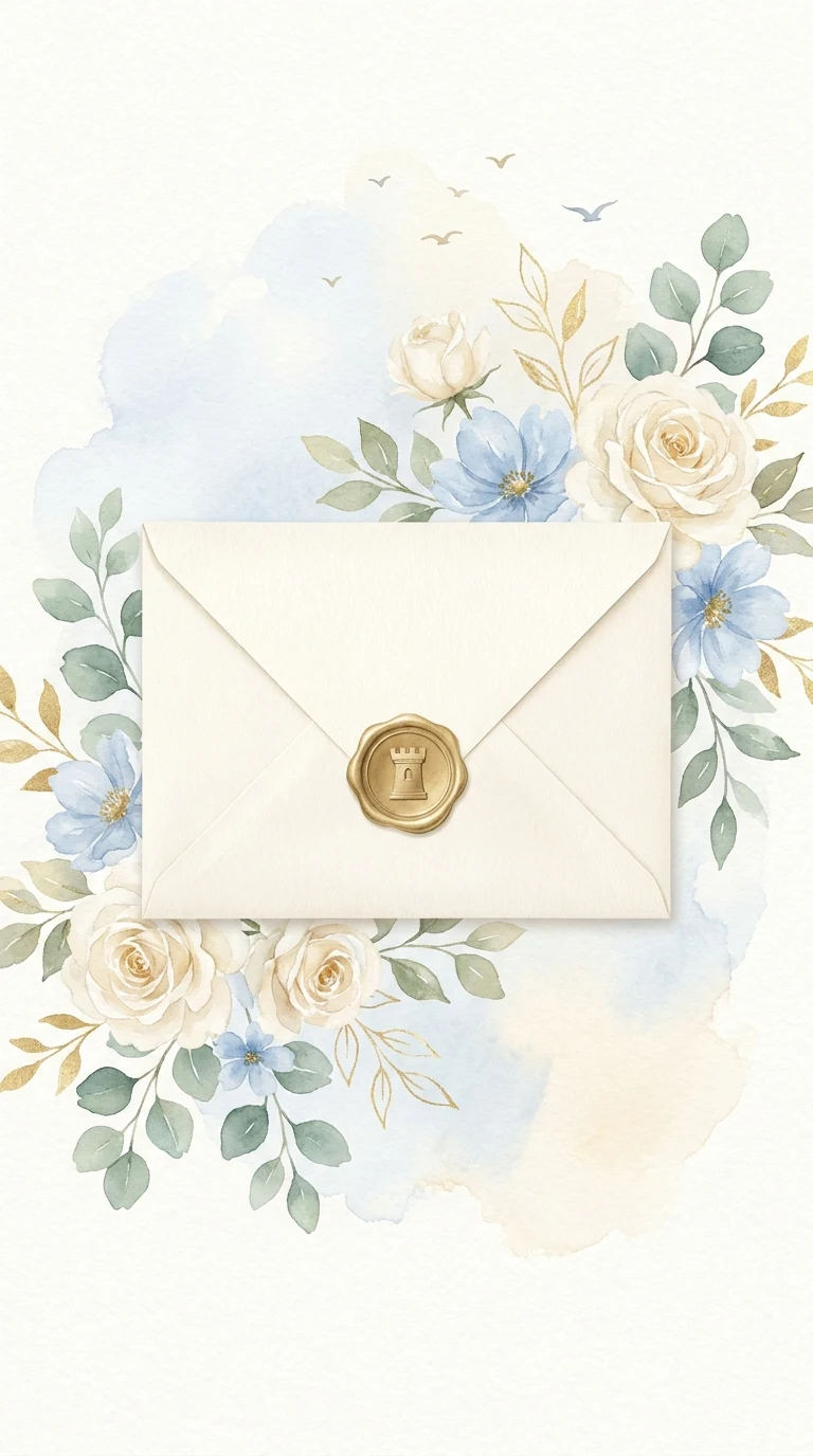 Watercolor wedding envelope sealed with a golden castle wax seal