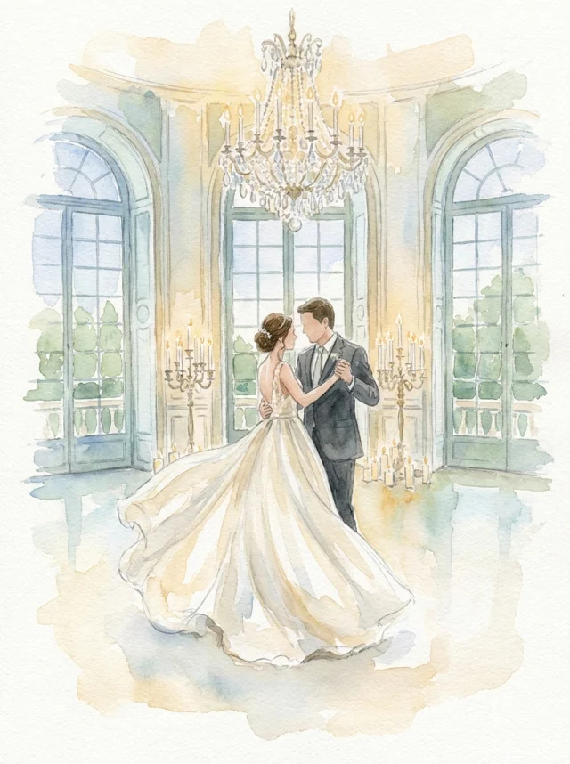 Watercolor painting of the couple's first dance in the ballroom