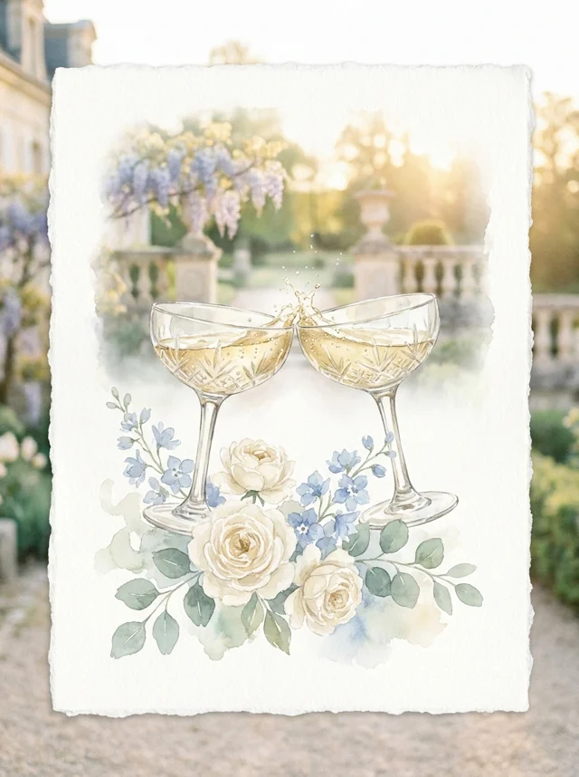 Watercolor painting of two champagne glasses clinking